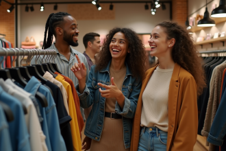 Groupe d amis Z browsing vêtements dans une boutique urbaine