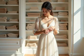 Femme portant une robe en mousseline transparente avec un jupon ivoire visible en dessous, dans une boutique de mode parisienne