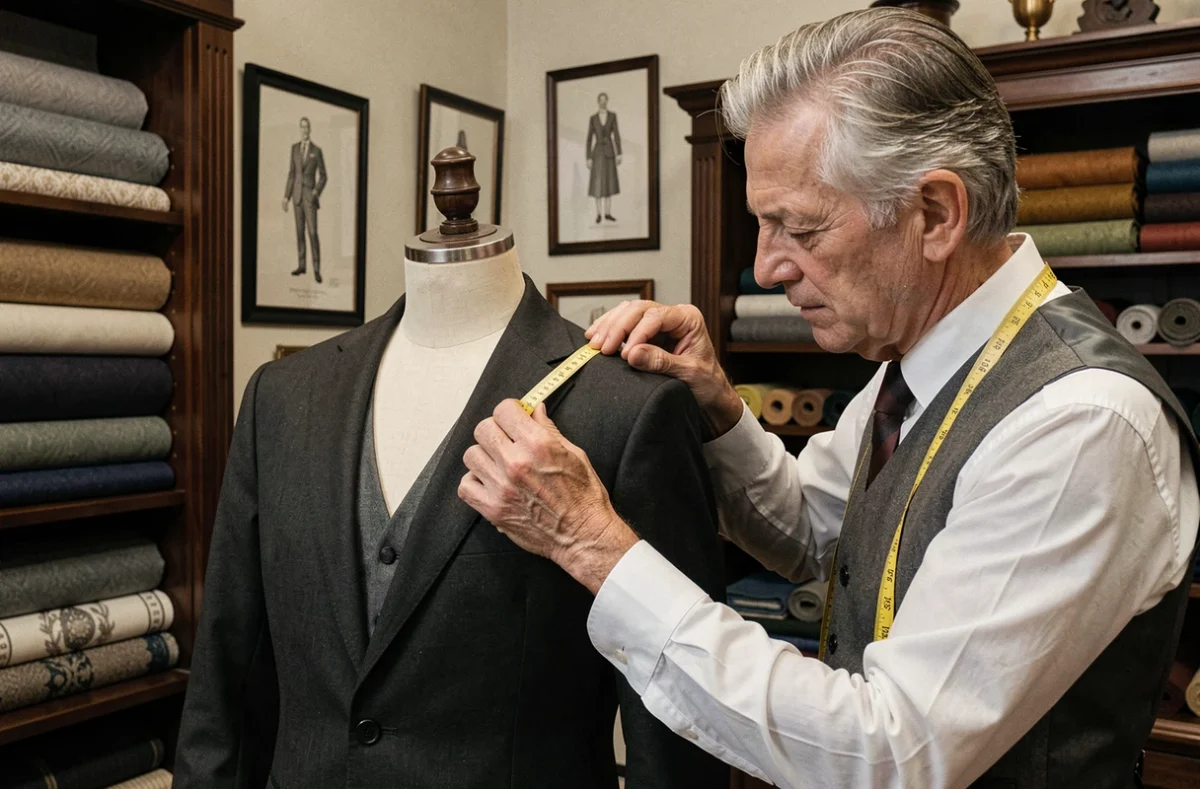 Un tailleur expérimenté ajuste un costume sur mesure dans la boutique Le Guillou Habilleur à Lyon