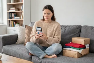 Jeune femme consultant son smartphone pour suivre une livraison Shein un dimanche, entourée de colis de vêtements sur son canapé