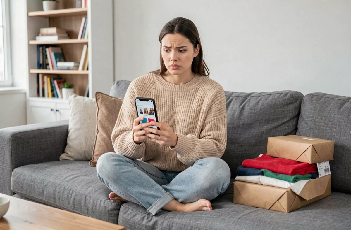 Jeune femme consultant son smartphone pour suivre une livraison Shein un dimanche, entourée de colis de vêtements sur son canapé