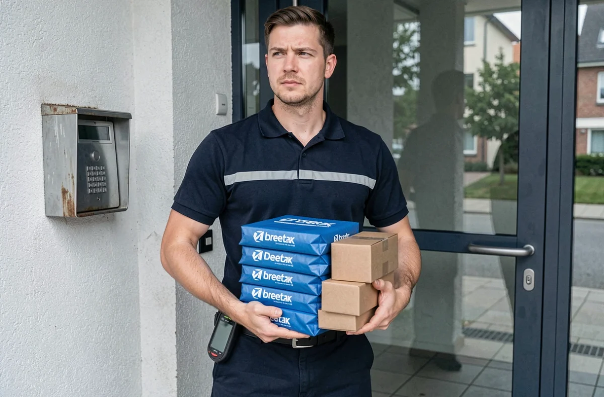 Livreur tenant des colis Shein devant une entrée d'immeuble résidentiel lors d'une livraison dominicale