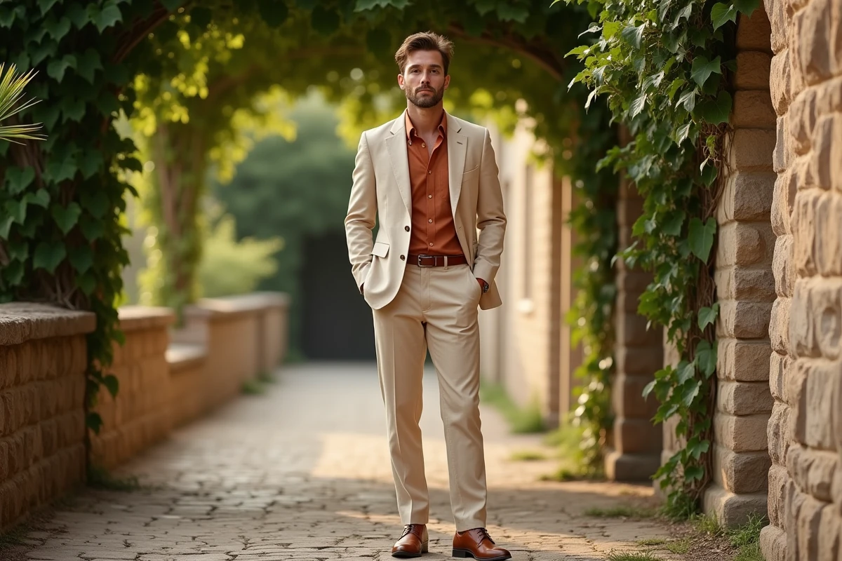 Invité de mariage 2026 en costume lin écru et chemise terracotta devant domaine viticole