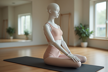 Mannequin féminin en posture de Pilates dans un studio calme
