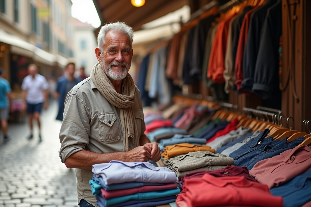 Vendeur de vêtements au marché français en plein air