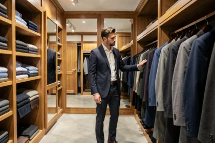 Un homme élégant explore une boutique de costumes pour homme à Lyon, dans le Rhône