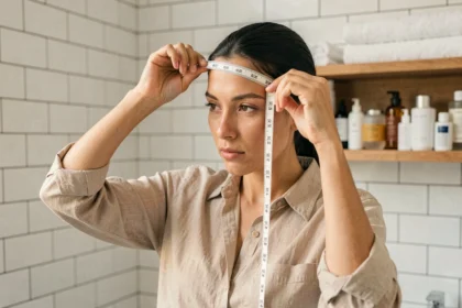 Femme mesurant son tour de tête avec un mètre ruban souple dans une salle de bain moderne
