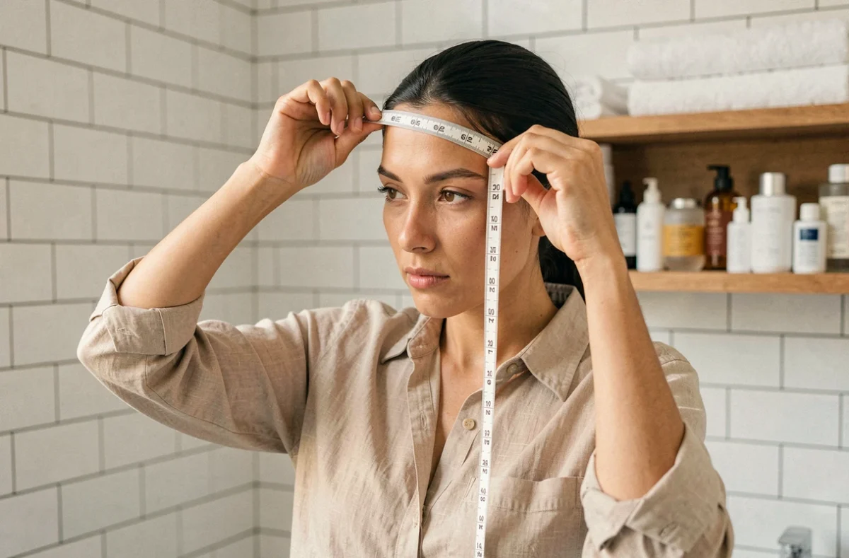 Femme mesurant son tour de tête avec un mètre ruban souple dans une salle de bain moderne