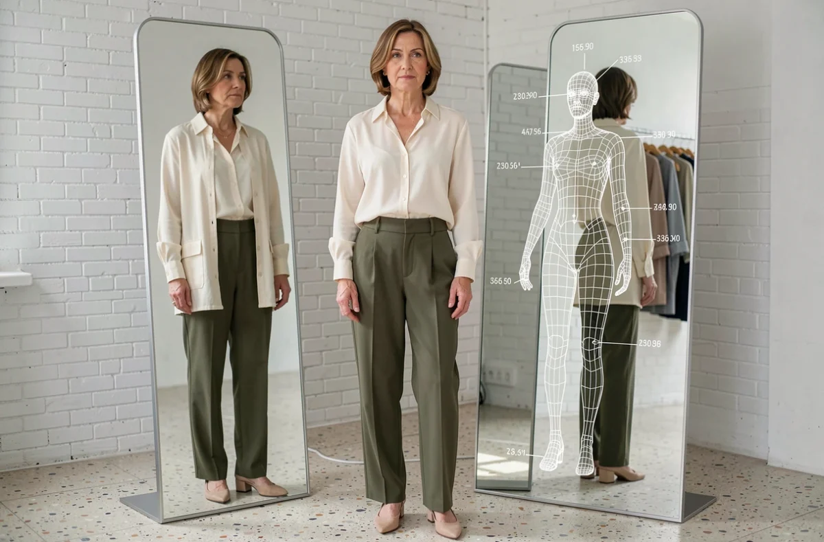 Femme devant un miroir connecté affichant un scan corporel en temps réel avec des mensurations pour la création d'une silhouette virtuelle