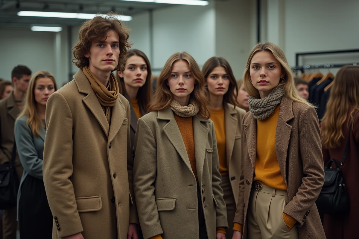 Groupe de mannequins backstage en tenues 70s