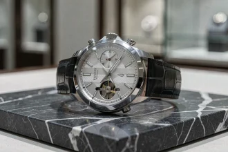 Gros plan macro d'une montre de luxe mécanique sur marbre gris, révélant les détails du cadran guilloche et la couture du bracelet en alligator
