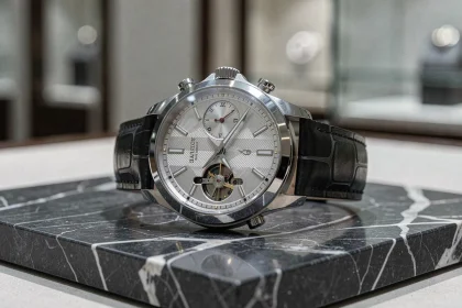 Gros plan macro d'une montre de luxe mécanique sur marbre gris, révélant les détails du cadran guilloche et la couture du bracelet en alligator