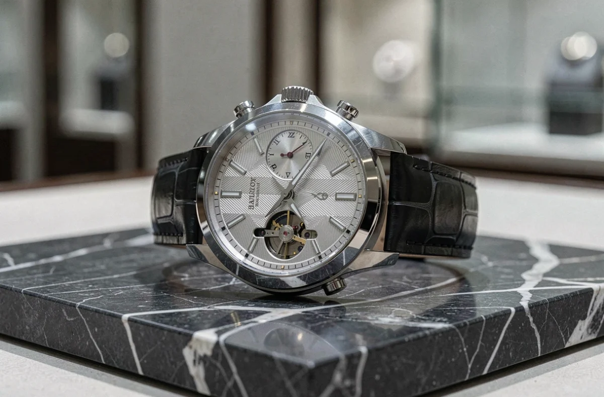 Gros plan macro d'une montre de luxe mécanique sur marbre gris, révélant les détails du cadran guilloche et la couture du bracelet en alligator