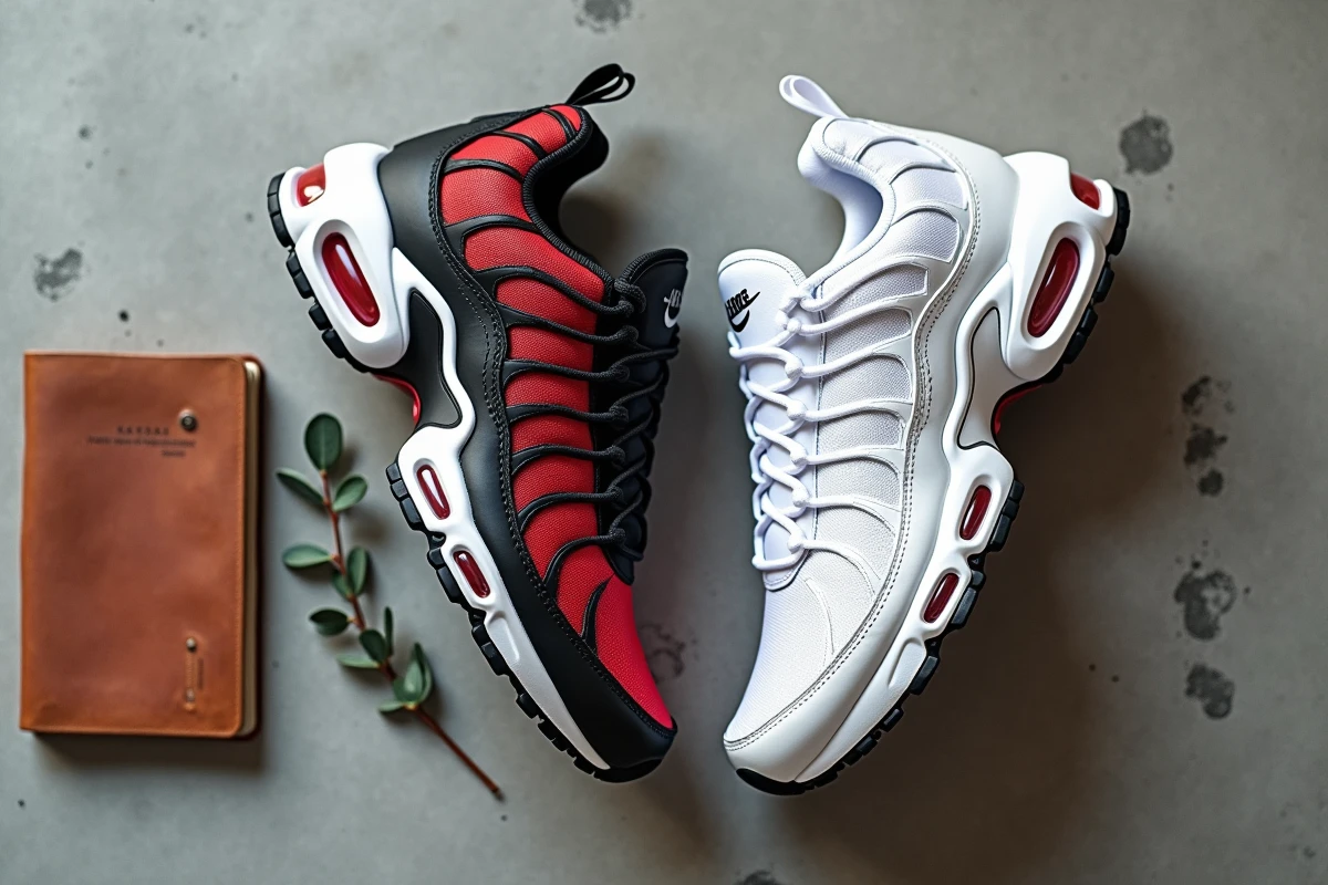 Paire de Nike TN Lisboa en rouge et blanc posées en flat lay sur béton brut