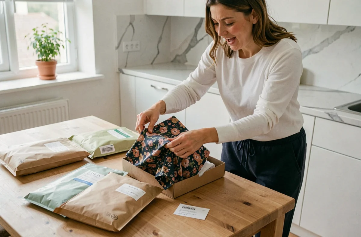 Femme ouvrant un colis Shein reçu le dimanche pendant les soldes, découvrant une robe commandée en ligne