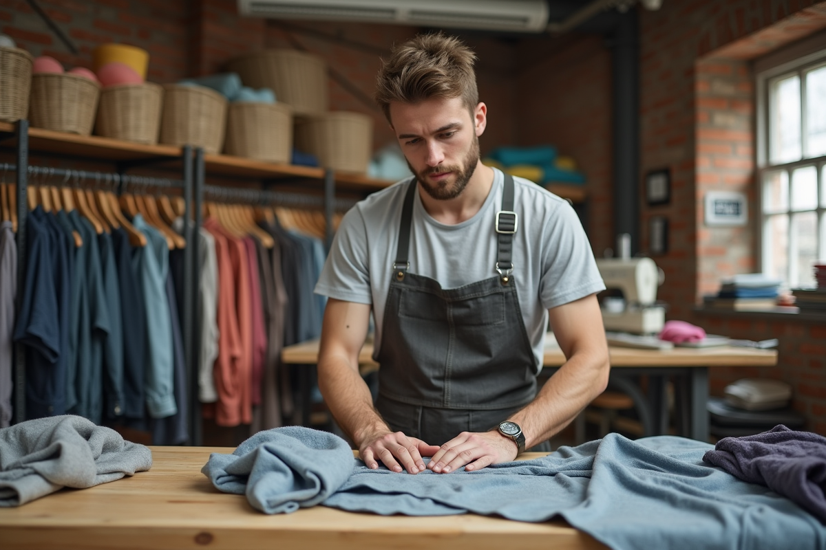 Jeune ouvrier pliant des vêtements dans un atelier lumineux