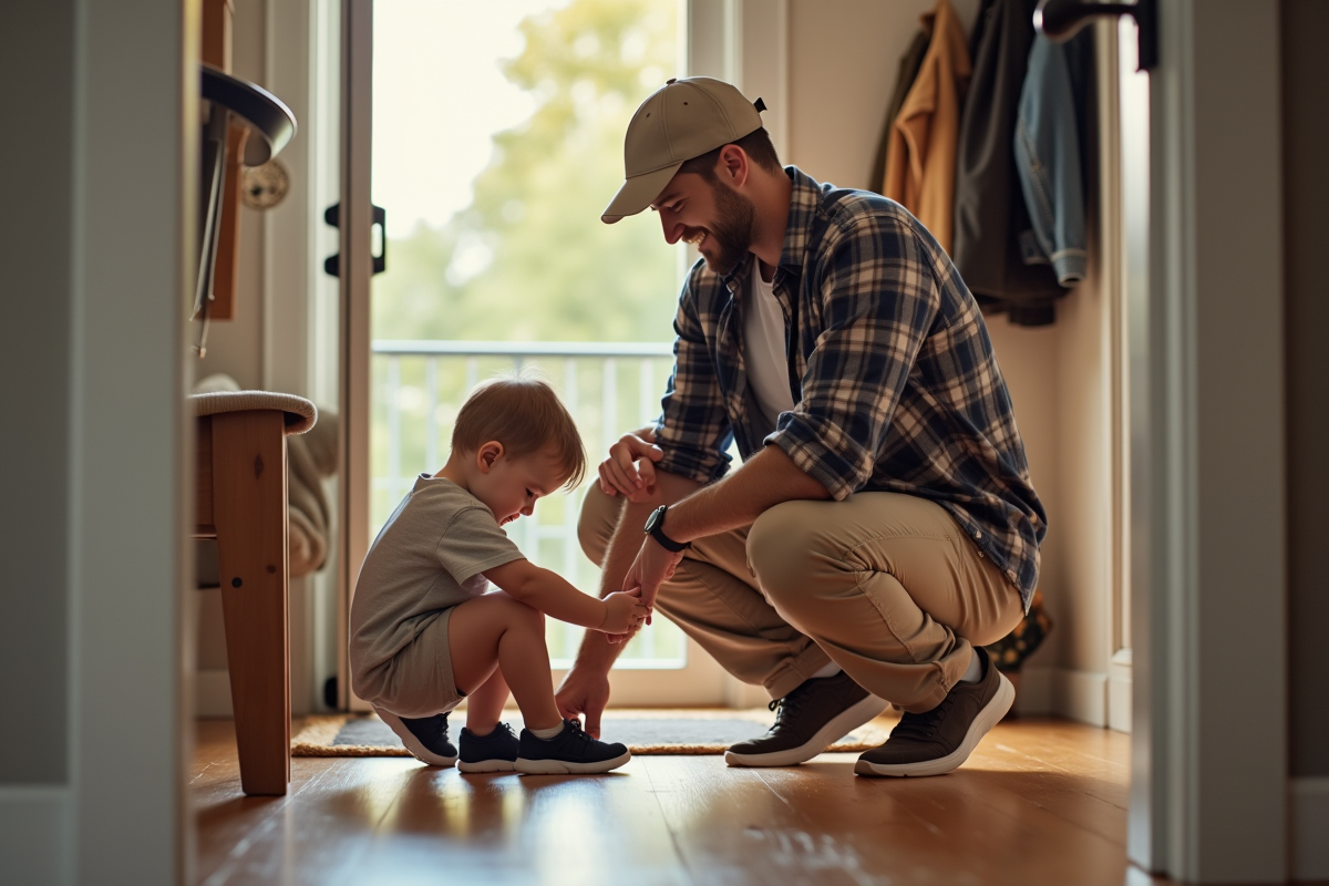 Père jeune aidant son enfant à lacer ses chaussures