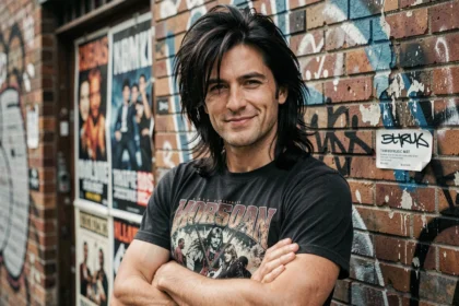 Homme portant une perruque coupe mulet rock devant un mur de briques avec affiches de concerts, look hard rock authentique