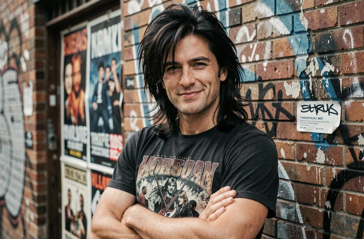 Homme portant une perruque coupe mulet rock devant un mur de briques avec affiches de concerts, look hard rock authentique