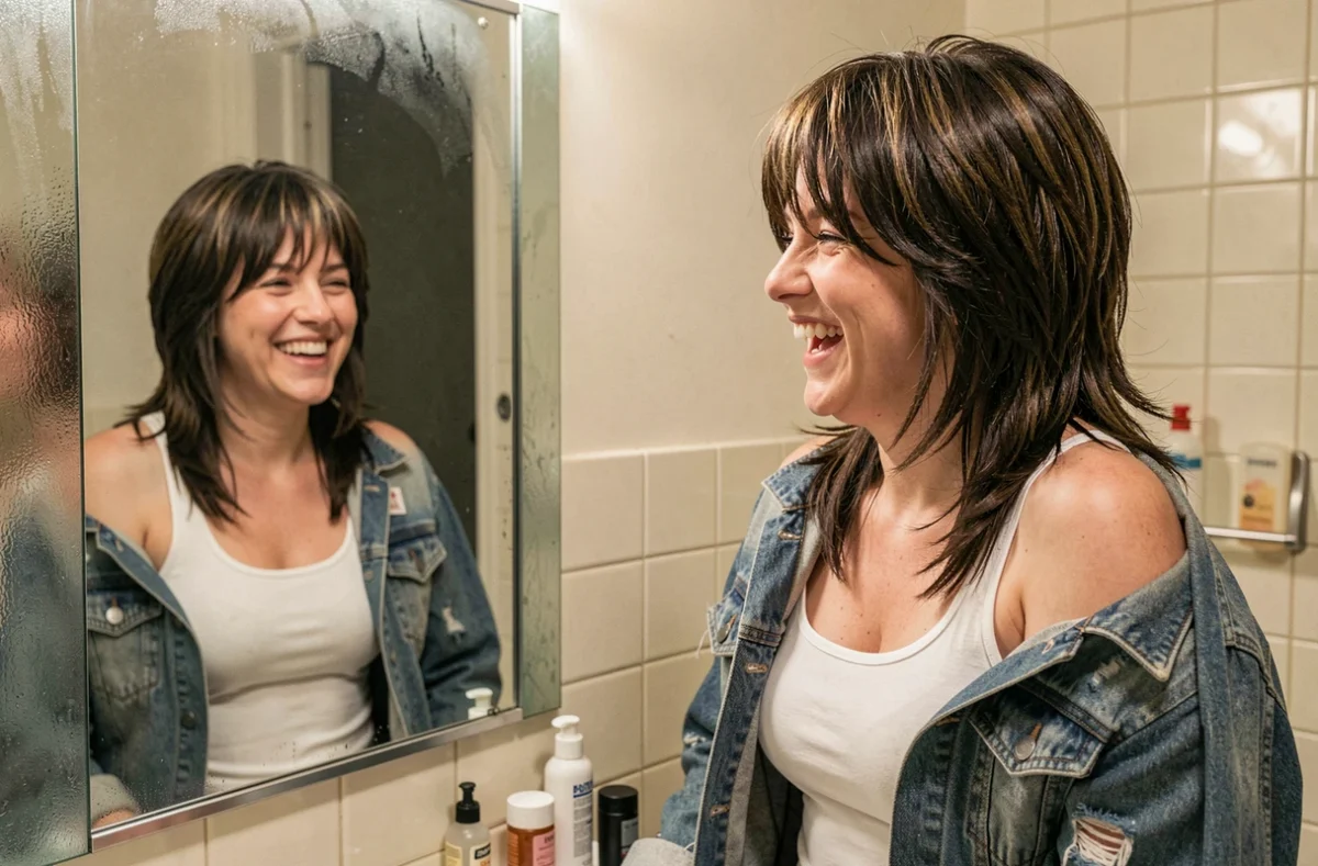 Femme essayant une perruque mulet rock devant un miroir de salle de bain, sourire naturel et ambiance décontractée