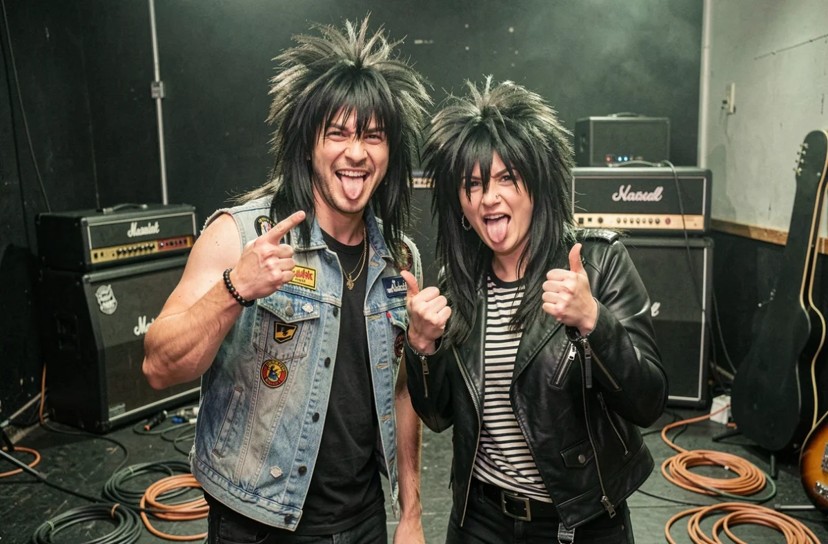 Deux amis avec des perruques mulet rock backstage dans une salle de concert, ambiance hard rock festive et complice
