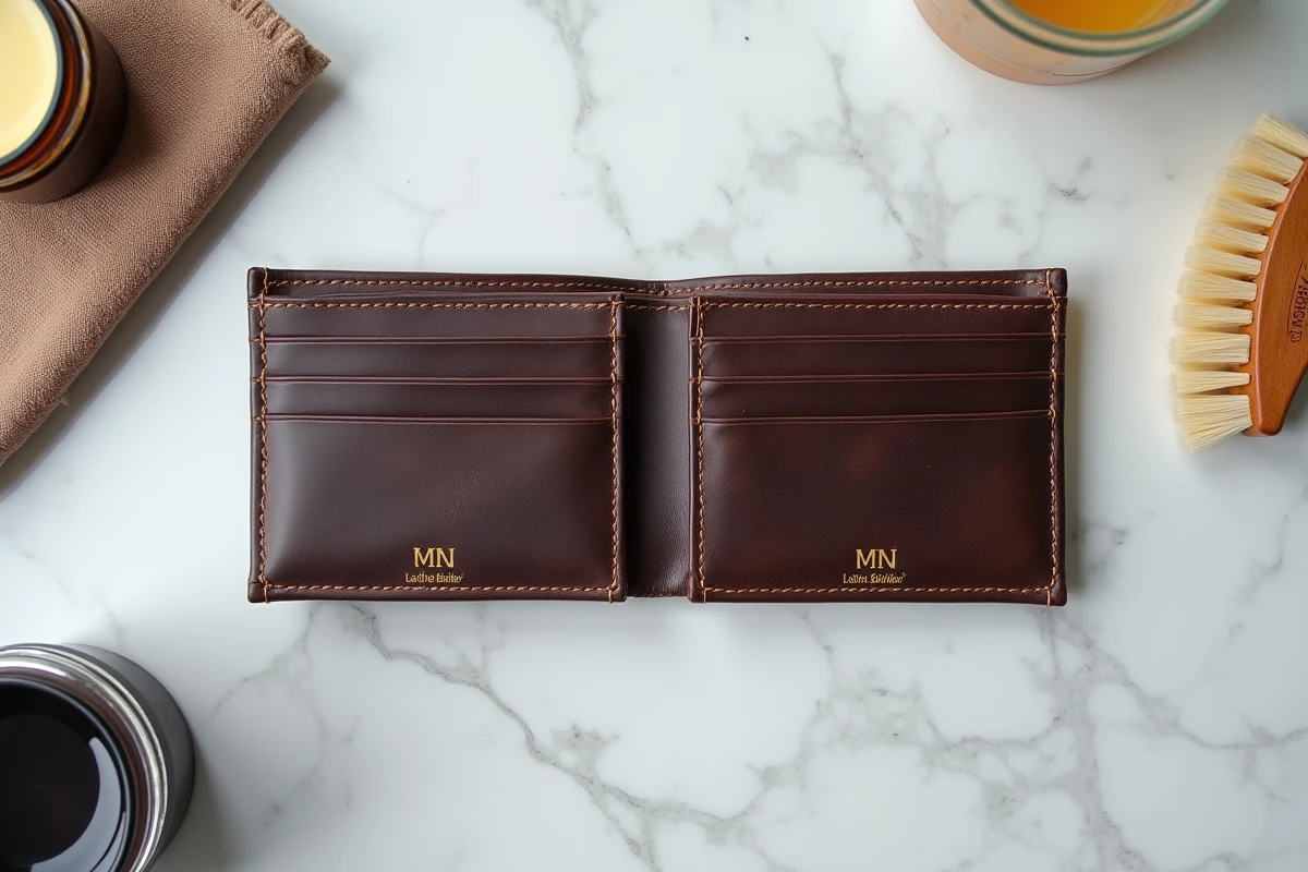 Portefeuille en cuir personnalisé avec gravure dorée posé sur un comptoir en marbre entouré des accessoires d'entretien du cuir