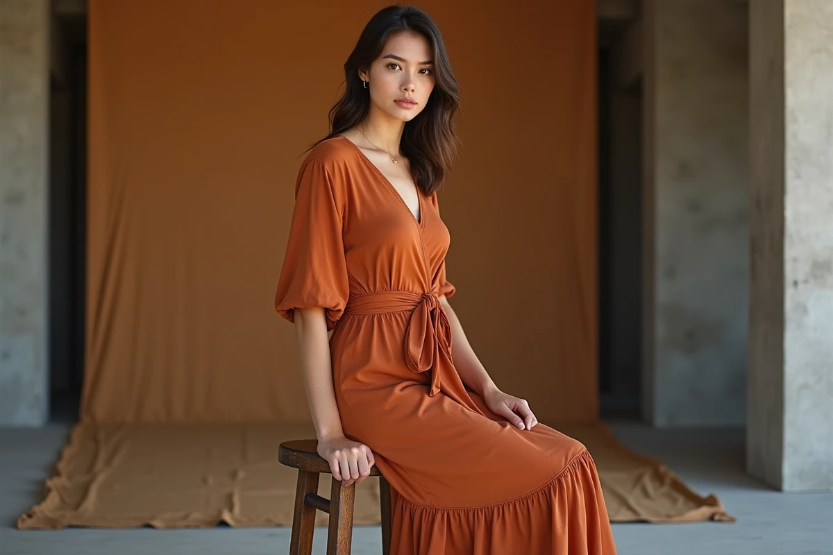 Portrait rapproché d'une femme portant une robe terracotta drapée avec détails de couture sur fond béton brut
