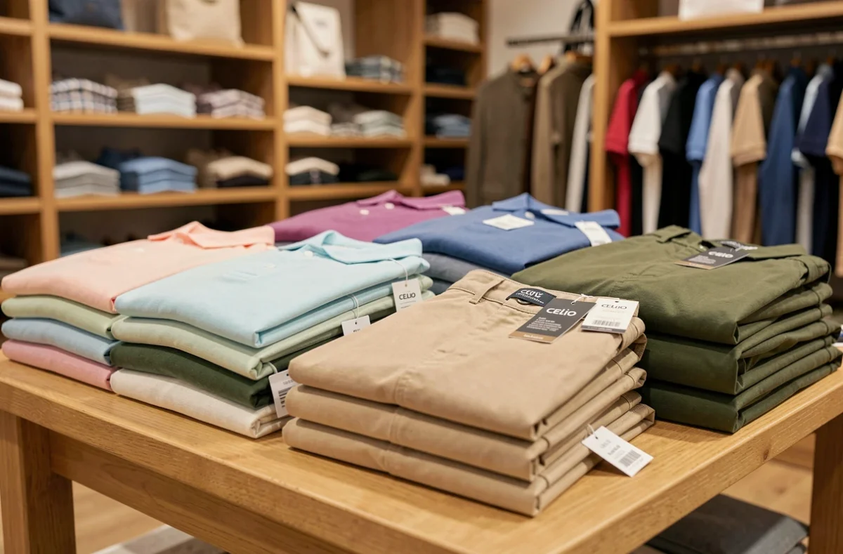 Présentation de vêtements homme Celio sur table en bois avec polos et chinos pliés