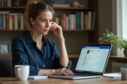 Femme consultant un profil en ligne avec une expression préoccupée, illustrant les enjeux du respect de la vie privée sur internet