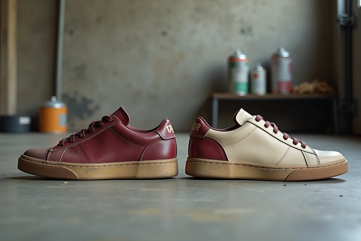 Comparaison avant-apr&egrave;s d'une paire de baskets en cuir restaur&eacute;es avec de la peinture, pos&eacute;es sur un sol en b&eacute;ton dans un atelier