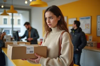 Femme déposant un colis retour Vinted au bureau de poste avec une étiquette d'expédition imprimée