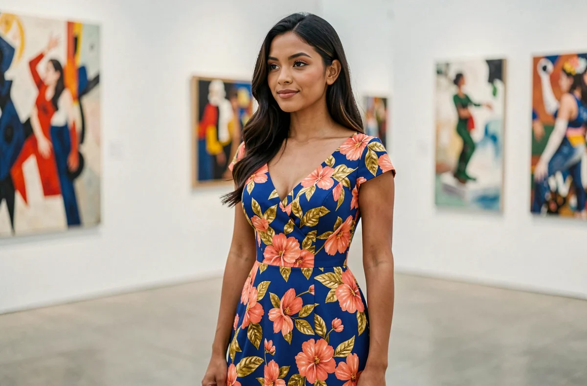 Femme au teint mat portant une robe cocktail fleurie aux couleurs vives corail et bleu cobalt dans une galerie d'art moderne, guide des palettes chromatiques pour teints chauds