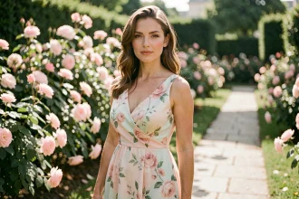 Femme portant une robe cocktail fleurie pastel rose et menthe dans un jardin parisien, illustrant les palettes douces adaptées aux teints clairs