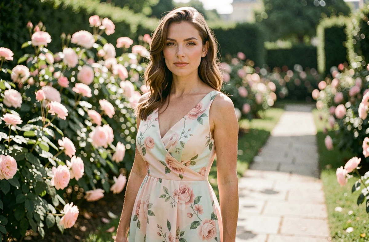Femme portant une robe cocktail fleurie pastel rose et menthe dans un jardin parisien, illustrant les palettes douces adaptées aux teints clairs