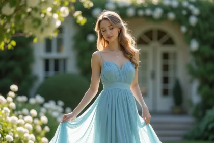 Jeune femme en robe demoiselle d'honneur bleu pastel en mousseline de soie dans un jardin fleuri, tombé impeccable du tissu en plein air