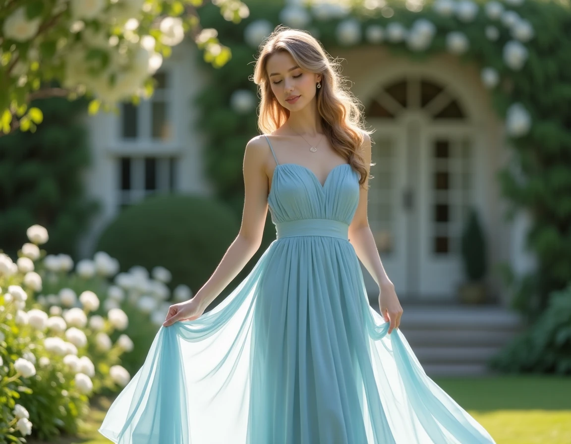 Jeune femme en robe demoiselle d'honneur bleu pastel en mousseline de soie dans un jardin fleuri, tombé impeccable du tissu en plein air