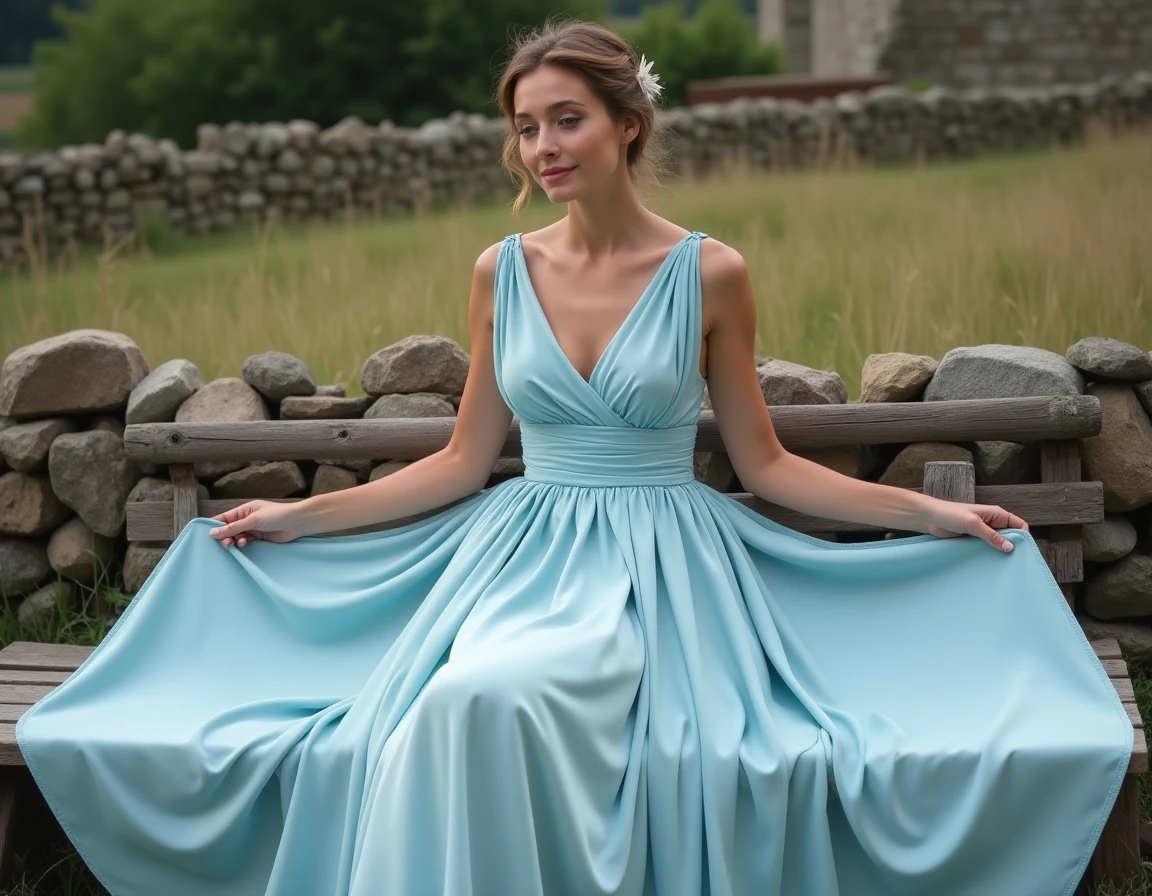 Demoiselle d'honneur en robe bleu pastel en soie duchesse assise sur un banc en bois à la campagne, détail du tombé et texture du tissu précieux