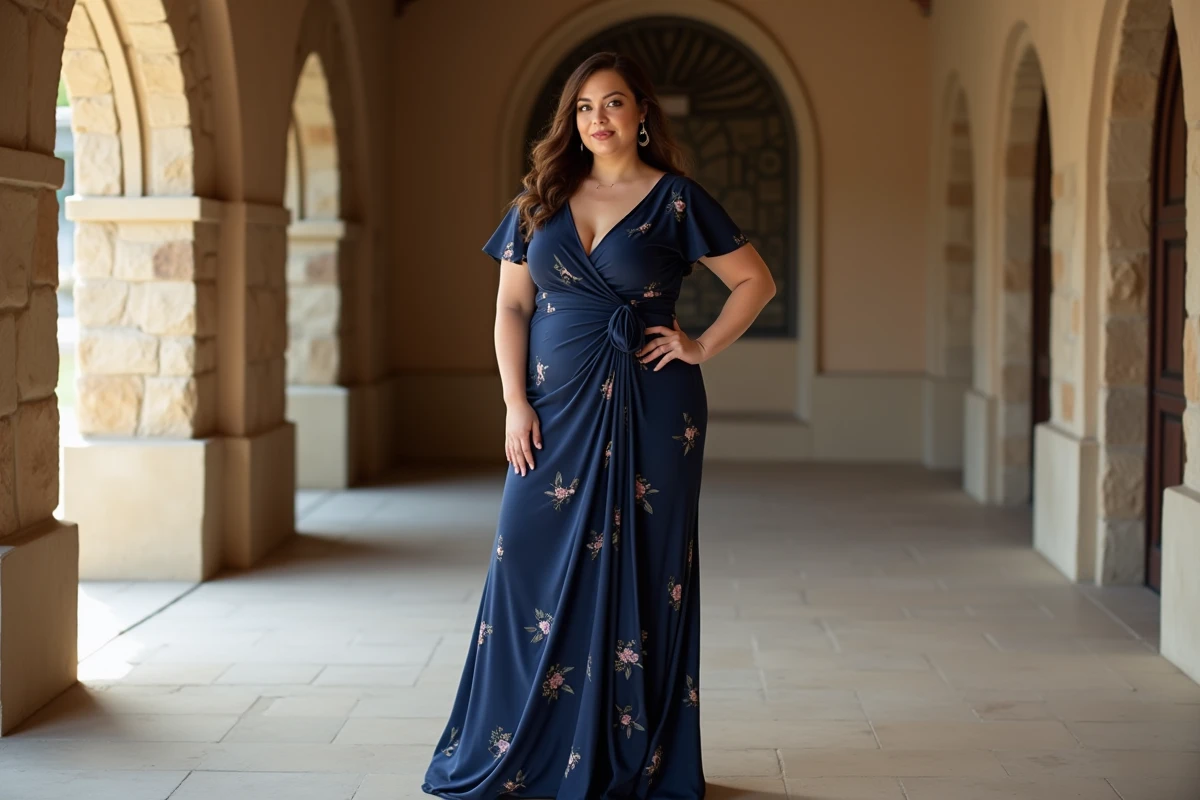 Femme ronde en robe longue portefeuille bleu marine dans une salle de mariage élégante