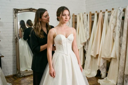 Mariée en robe sur mesure dans un atelier de couture pendant un essayage, avec une couturière qui ajuste le corsage