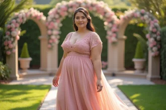 Femme ronde en robe midi ligne A rose poudré lors d'un mariage en jardin fleuri