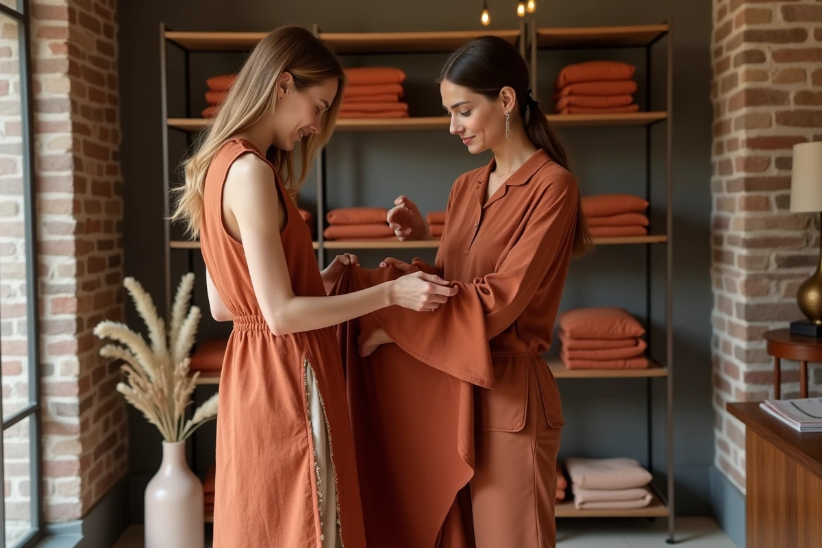 Deux femmes en tenues terracotta examinant les détails d'une robe longue dans une boutique de mode décorée en matières naturelles