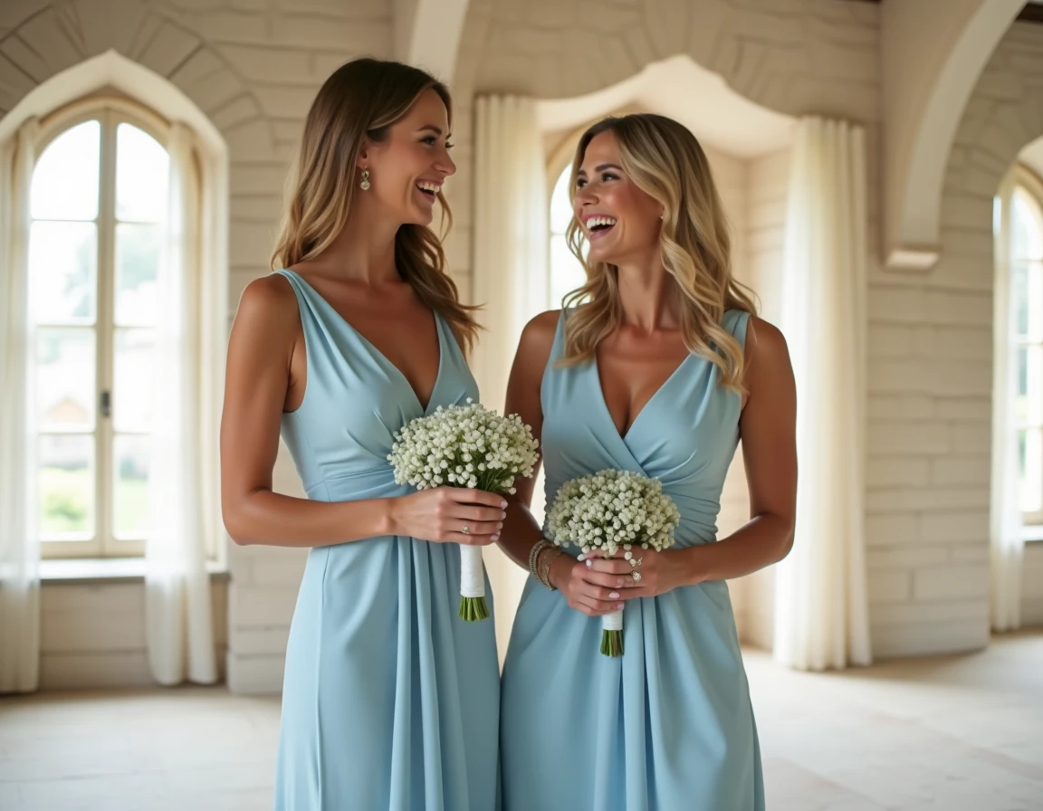 Deux demoiselles d'honneur en robe bleu pastel en satin crêpe dans une salle de réception élégante, tombé structuré et soyeux du tissu