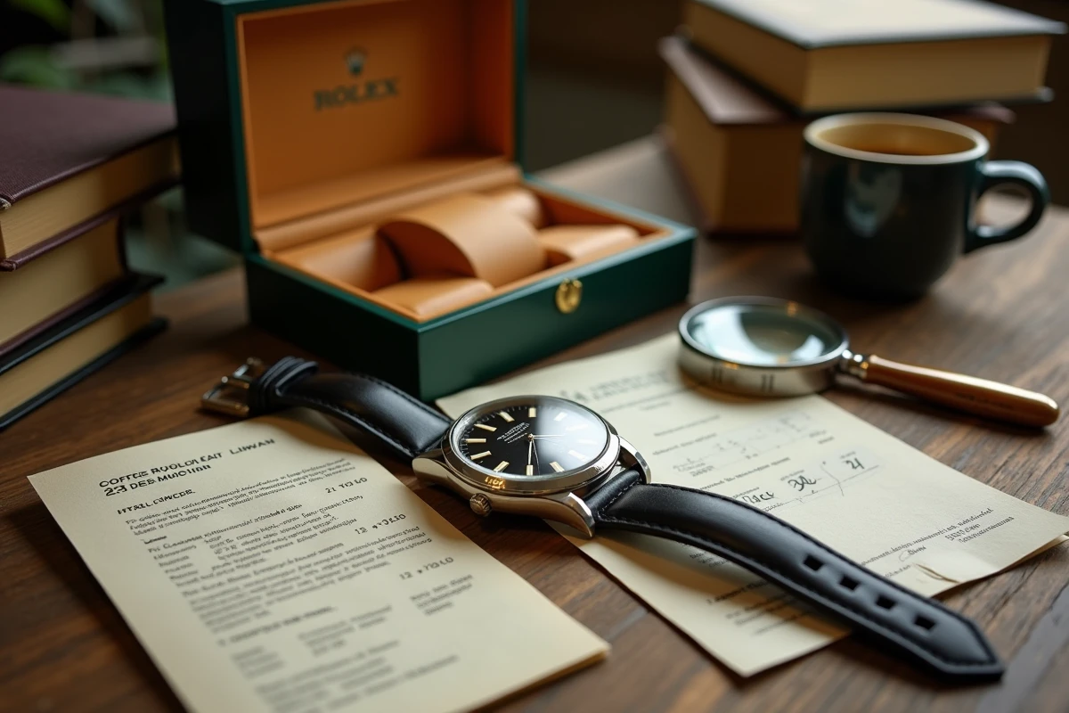 Nature morte détaillée d'une Rolex Day-Just posée avec sa boîte d'origine, son livret de garantie tamponné et un reçu manuscrit sur une table en chêne