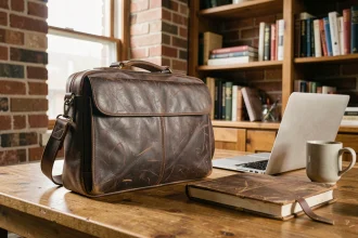Sacoche en cuir marron foncé pour ordinateur posée sur un bureau en chêne dans un bureau à domicile chaleureux