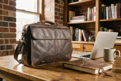 Sacoche en cuir marron foncé pour ordinateur posée sur un bureau en chêne dans un bureau à domicile chaleureux