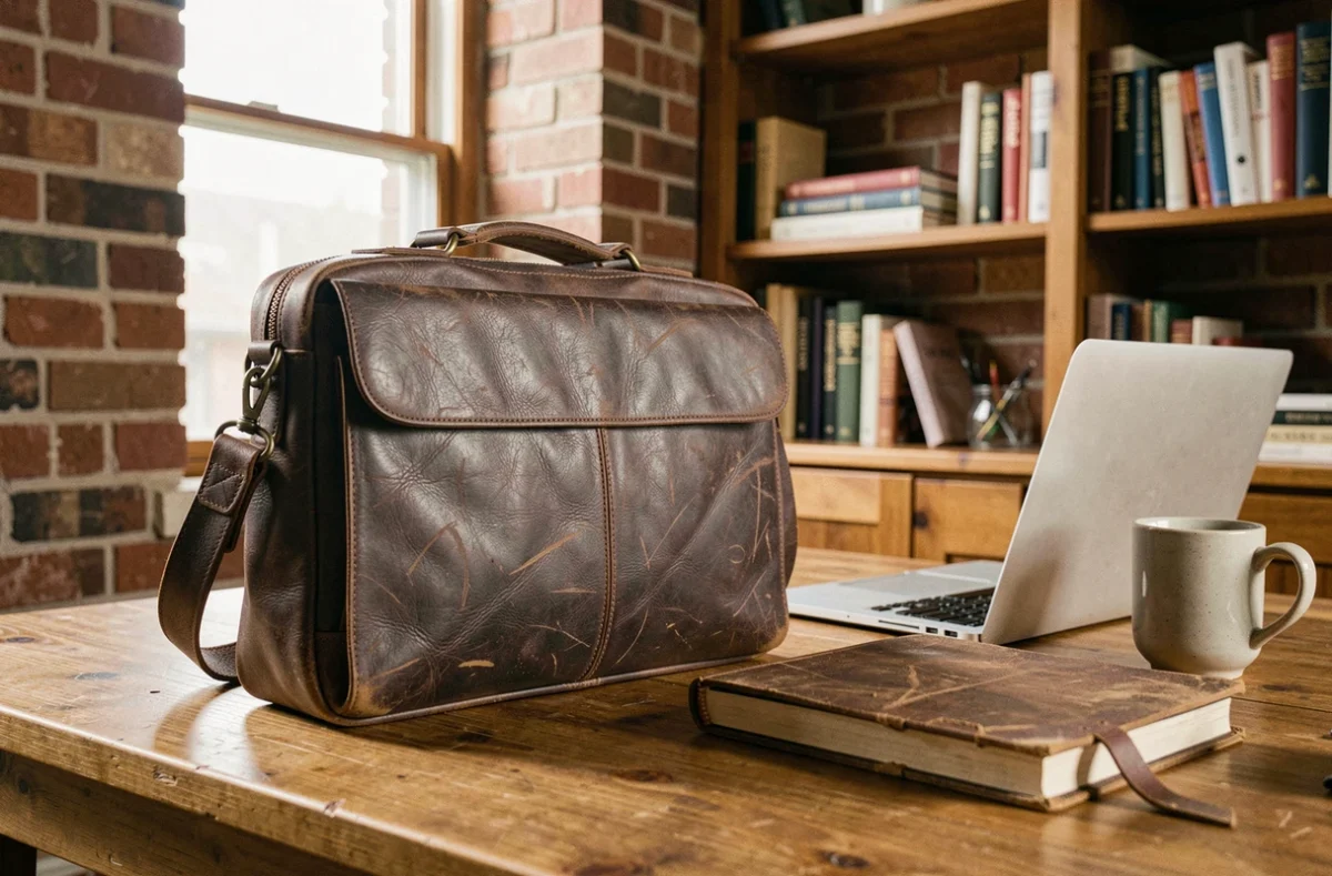 Sacoche en cuir marron foncé pour ordinateur posée sur un bureau en chêne dans un bureau à domicile chaleureux
