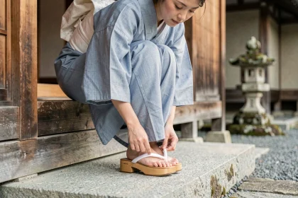 Femme japonaise en yukata indigo enfilant des sandales geta en bois sur le seuil d'une maison traditionnelle de Kyoto