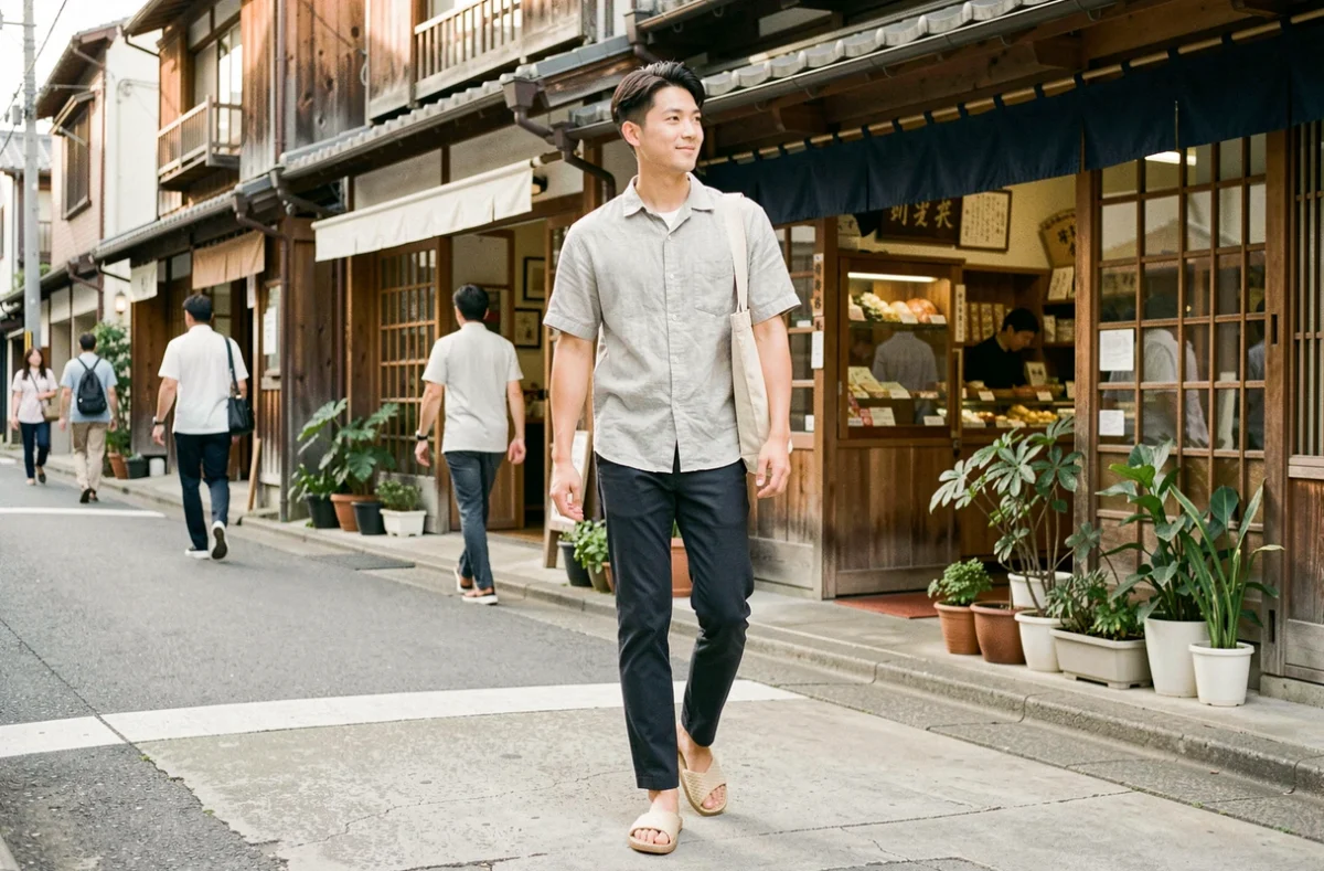 Homme portant des sandales zori japonaises en igusa dans une rue traditionnelle de Tokyo lors d'une promenade urbaine