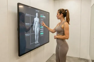 Femme utilisant un écran tactile pour créer sa silhouette virtuelle avec des mensurations précises dans une cabine d'essayage numérique moderne