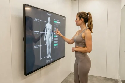 Femme utilisant un écran tactile pour créer sa silhouette virtuelle avec des mensurations précises dans une cabine d'essayage numérique moderne